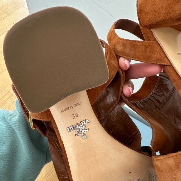 Prada Fringe Slingback Sandals Brown Suede Leather Chunky Block Heels Size 39 - Picture 11 of 13
